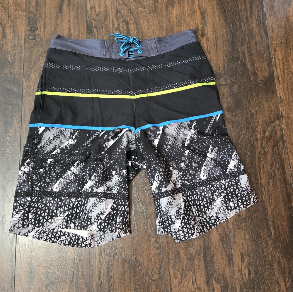 Black and Gray Patterned Board Shorts